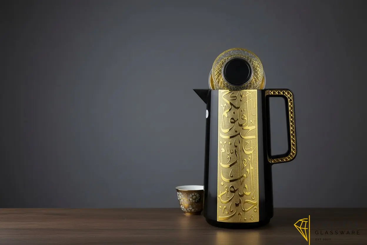 Luxury thermal flask in black with gold /silver intricate Arabic calligraphy